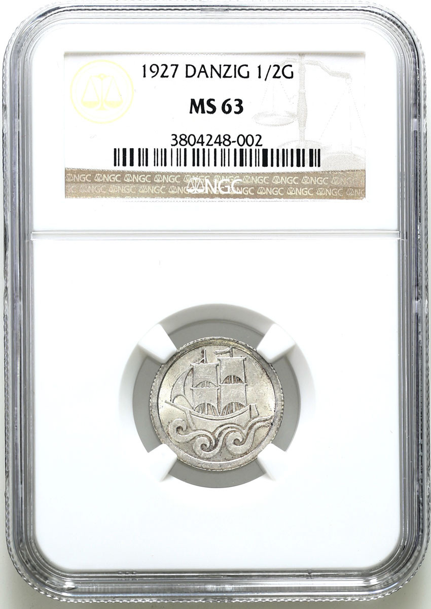 Wolne Miasto Gdańsk/Danzig. 1/2 Guldena 1927 - RZADKI ROCZNIK NGC MS63 - PIĘKNE